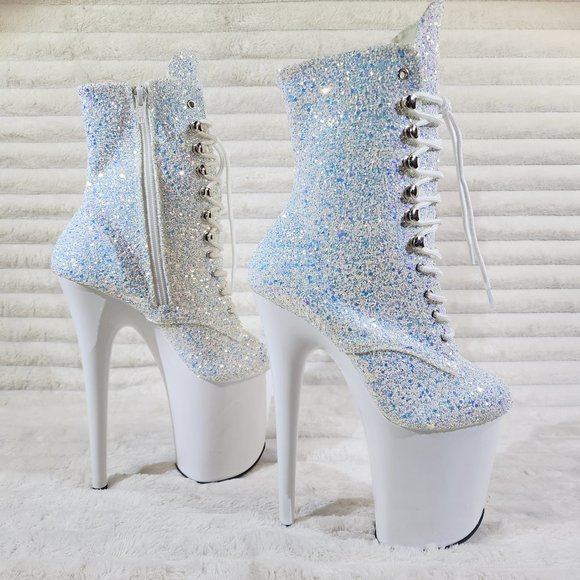 White Ice UV Glitter 8" Platform Heel Ankle Boots Flamingo - Picture 10 of 12